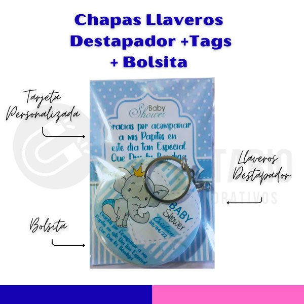 Chapas llaveros destapador personalizable – Con tarjeta y bolsita